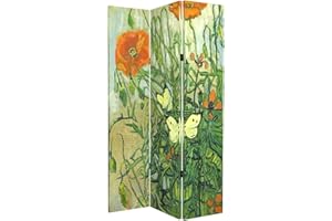 HOZUSO Room Divider Wood Privacy Screens Van Gogh's Butterflies and Poppies Painting Canvas 3-Panel Foldable Portable Separating Divider Room Partitions Freestanding Home Decor 71'' High