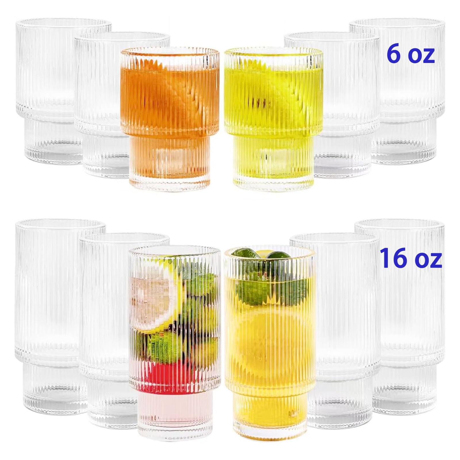 Photo 1 of megarte Ribbed Glasses Drinking Glassware - Set of 12 Vintage Cute Cocktail Cups - 6 Pcs Ripple Rluted Aesthetic Drinkware 16 oz & 6 Pcs House Essentials Glass 6 oz for Drink Coffee Beer