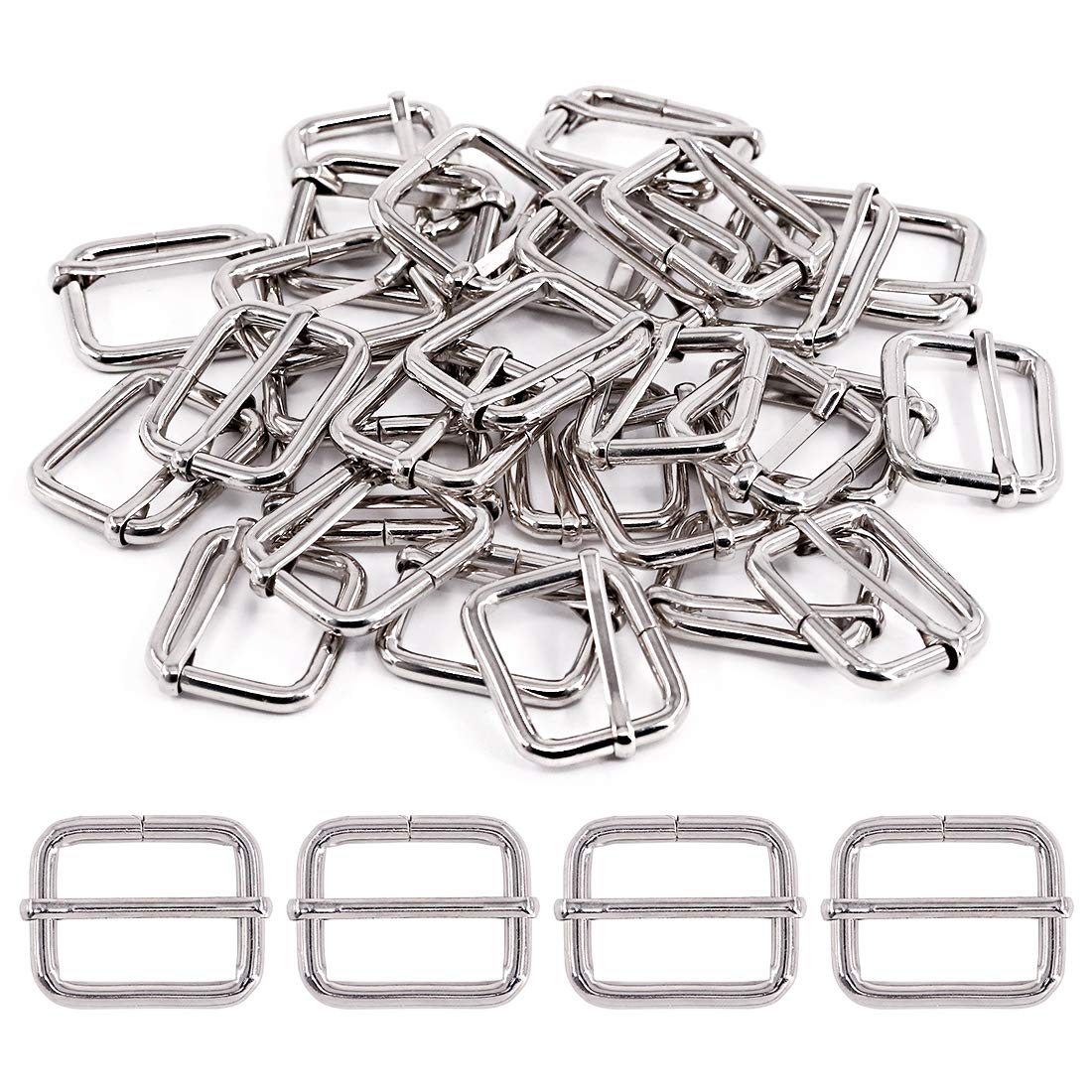 Swpeet 60Pcs 1 Inch / 25mm Sliver Heavy Duty Metal Rings Metal Rectangle Adjuster Triglides Slides Buckle, Roller Pin Buckles Slider Strap Adjuster Keychains for Belt Bags DIY Accessories