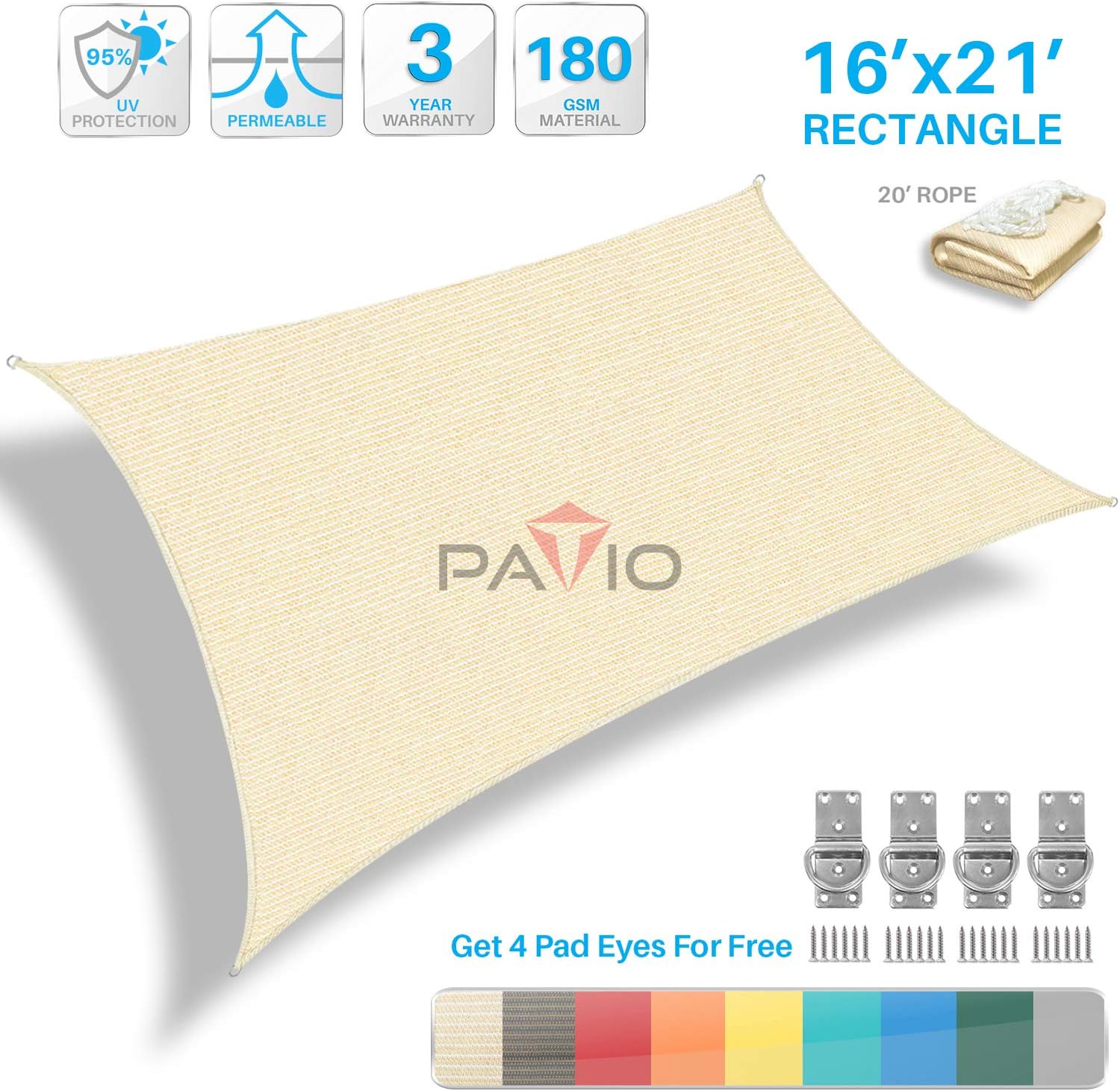 Patio Paradise 16' x 21' Tan Beige Sun Shade Sail Rectangle Canopy - Permeable UV Block Fabric Durable Outdoor - Customized Available