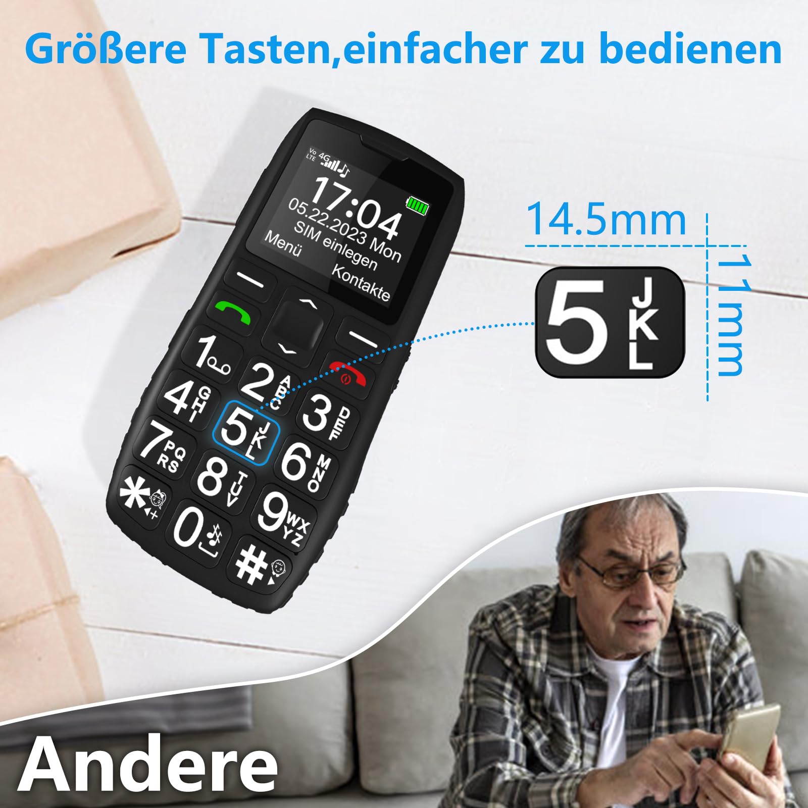 artfone C1+4G Big Button Mobile Phone for Elderly?USB-C, Charging Dock?1800mAh Battery?Easy to Use Basic Elderly Phone?SIM Free Unlocked Senior Mobile Phone?SOS Button?FM Radio?Time Reporting - Black