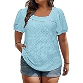 ROSRISS Plus-Size-Tops for Women Summer Puff Short Sleeve Shirts Asymmetrical Neck Cute Eyelet Tees