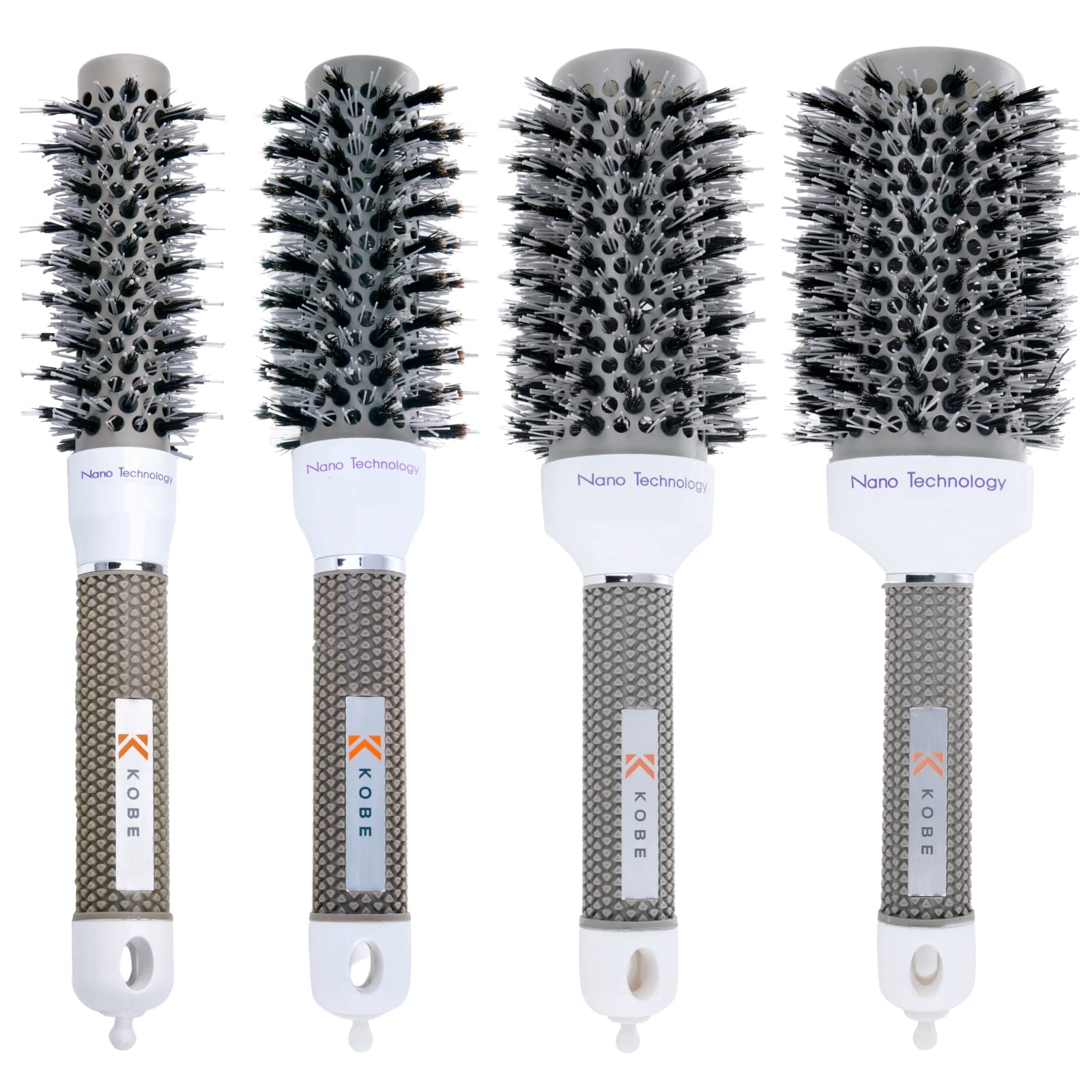 Kobe Professional Hairdresser's Ionic Dual-Bristle Brushes - Set of 4 - Heat-Retaining Ceramic Barrel & Boar & Nylon Bristles