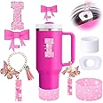 MOTEERLLU 6PCS Pink Stanley Cup Accessories Set, Initials Decorations for Stanley Cup 30oz 40oz, Includes Bow Straw Topper, Handle Charm, Letter Sticker, Silicone Boot, Spill Proof Stopper (Letter I)