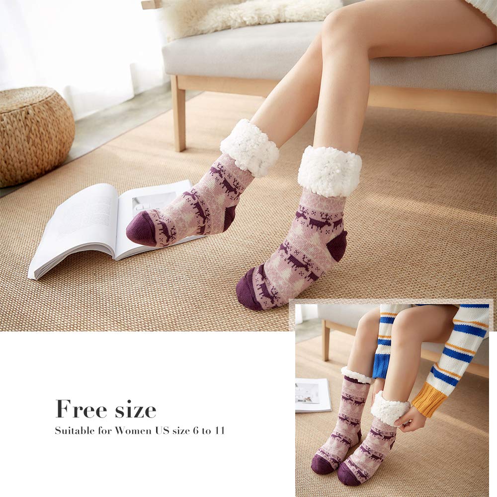 4YOUALL Womens Fleece Lining Soft Warm Fuzzy Sock, Christmas Thermal Knee High Stockings Slipper Socks (Purple Deer)