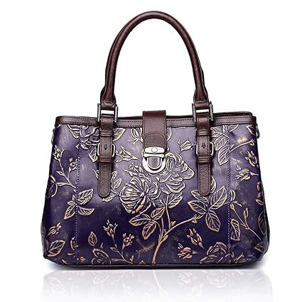 APHISONUK Designer Frauen Echtes Leder Handtasche Große Kapazität Damen Tragetaschen Geprägte Blume Umhängetasche (Lila)