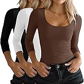 Ficerd 3 Pack Women's 3/4 Sleeve Shirts, Scoop Neck Slim Fit Tops Soft U Neck Knit Fitted Basic Tees Blouses