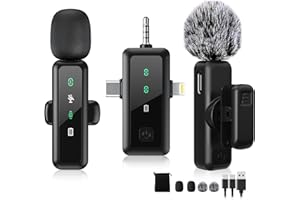 JICIFU 3 in 1 Wireless Lavalier Microphones for iPhone/Android/Camera, 2 Pack Mini Microphone LED Display Lapel Omnidirectional Mic with Mute/Reverb/Noise Reduction for TikTok/Podcast/Vlog Recording