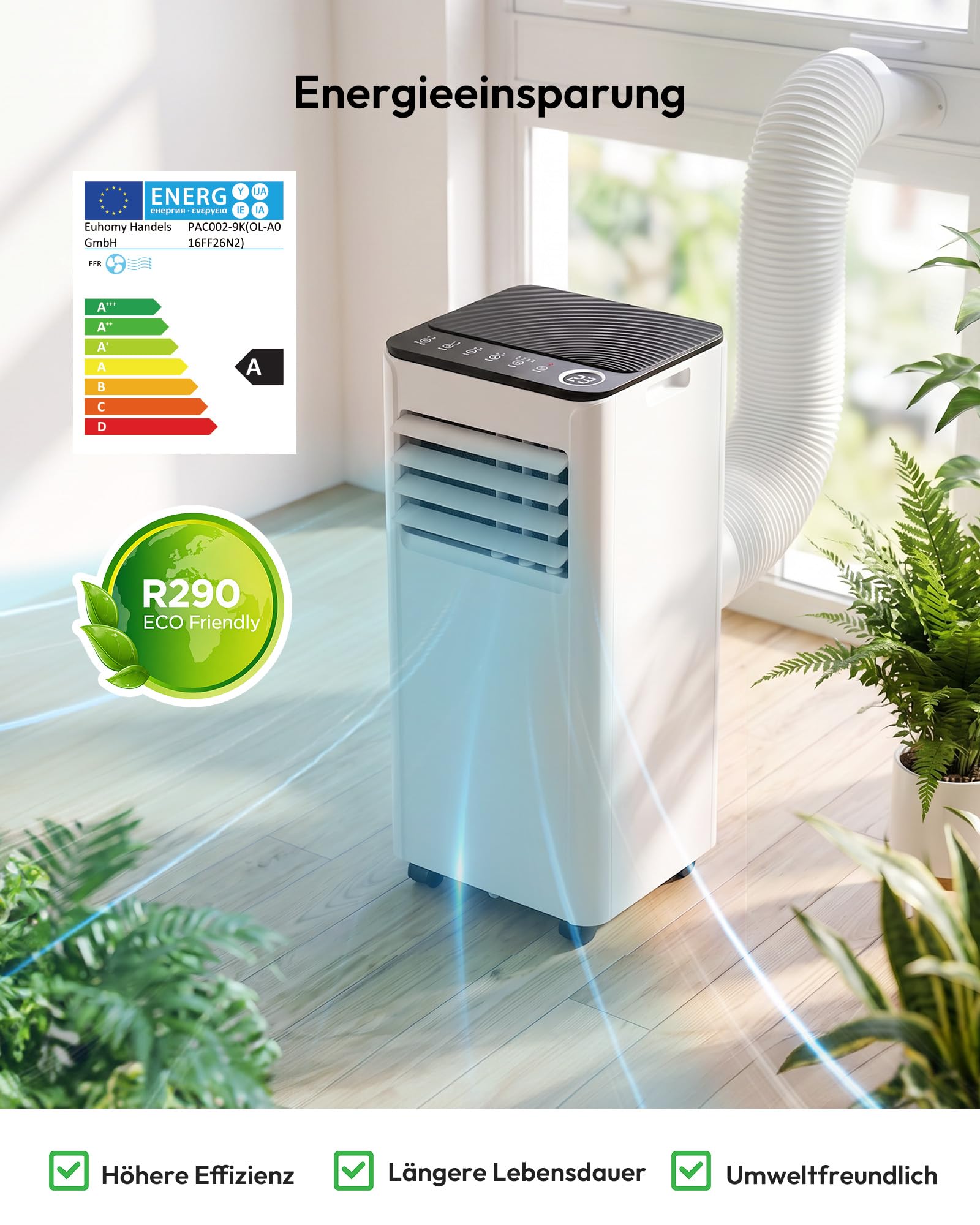 Mobile Klimaanlage 9000 BTU mit Abluftschlauch | 4-in-1 Mobiles Klimagerät | Leiser Betrieb | Digitaldisplay + Fernbedienung | Fenster-Installationsset | 24h-Timer | Für Räume bis 25 m² 8