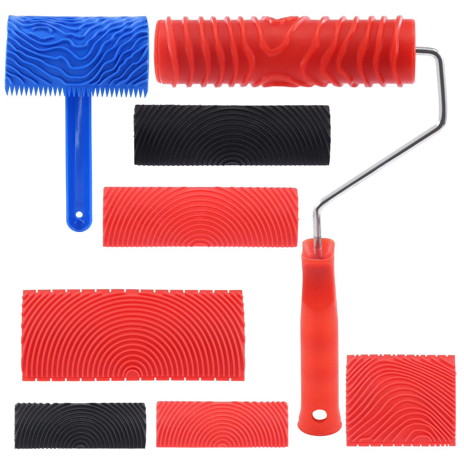 Tanstic 8Pcs Wood Graining Painting Tool Set, Red Black Blue Rubber Wood Grain Tool and Rubber Empaistic Wood Texture Pattern Roller with Handle for Wall Floor Furniture DIY Room Decoration