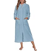 Ekouaer Women Zipper Robe Fleece Long Sleeves Bathrobe Sleepwear Warm Soft Housecoat with Pockets Zip Up House Dresses