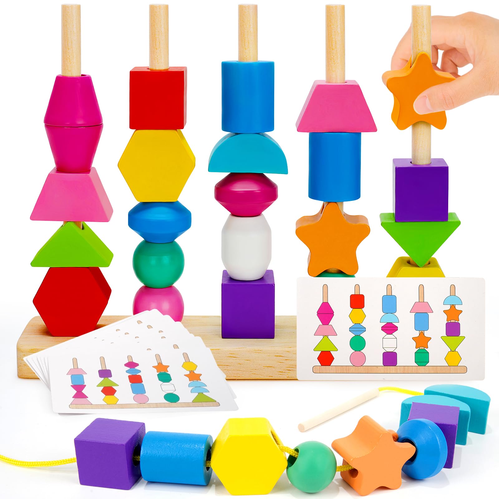Photo 1 of Montessori Toys for 2 3 4 Year Old Kid Boy Girl Toddler, Montessori Wooden Beads Sequencing Toy Set, Lacing Beads & Stacking Block & Matching Shape Stacker, STEM Preschool Learning Toy Birthday Gift