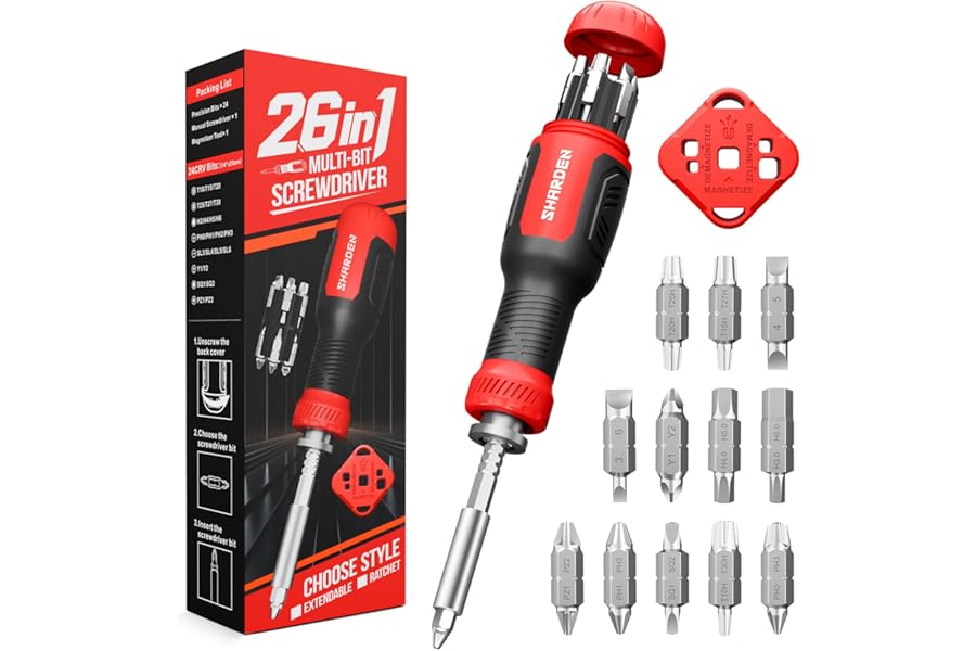 SHARDEN Multi Screwdriver 26 in 1 Screw Driver Set All in One Telescoping Multi Tool with 12 Double Ended CRV Bits Phillips Slotted Torx Hex Portable Repair Kit for Home Furniture Bike Computer