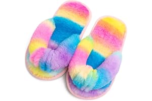 TECHCITY Boys Girls Fuzzy Flip Flop Slippers Kids Cute Soft Comfy Open Toe Fluffy Slip On Thong Flat Sandals House Home Fur Slides Indoor Outdoor
