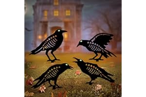 Hokfirm Halloween Black Crow Garden Stake Decor 4 Pack Scary Raven Silhouette Metal Yard Signs with Glow-in-The-Dark Eyes for Outdoor Halloween Decorations (Crow Black)