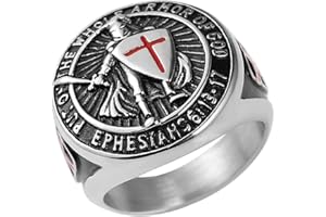 HZMAN Knights Templar Put On The Whole Armor of God Ephesians 6:13-17 Red Cross Design Men's Stainless Steel Ring
