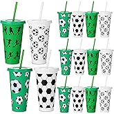 Nuogo 12 Pcs Soccer Party Favor Cups Bulk 24 oz Plastic Soccer Tumbler with Lid and Straw Reusable Cups for Boyfriend Fan Sports Birthday Party Favors