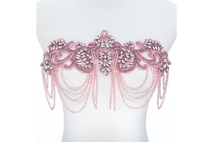 amusediy Pink Beaded Rhinestones Applique Embellishment for Clothes,Epaulettes Shoulder Patches Sew-on Diamond Sequin Applique for Wedding Dress DIY Accessories Belt Waist Decoration