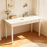 48in Rubber Wood Desk with Two Drawers,Home Writing Tables with Storage | French Home Office Writing Tables with Storage, Multi-Functional Wood Vanity, Study Desk for Bedroom, Living-Room, White