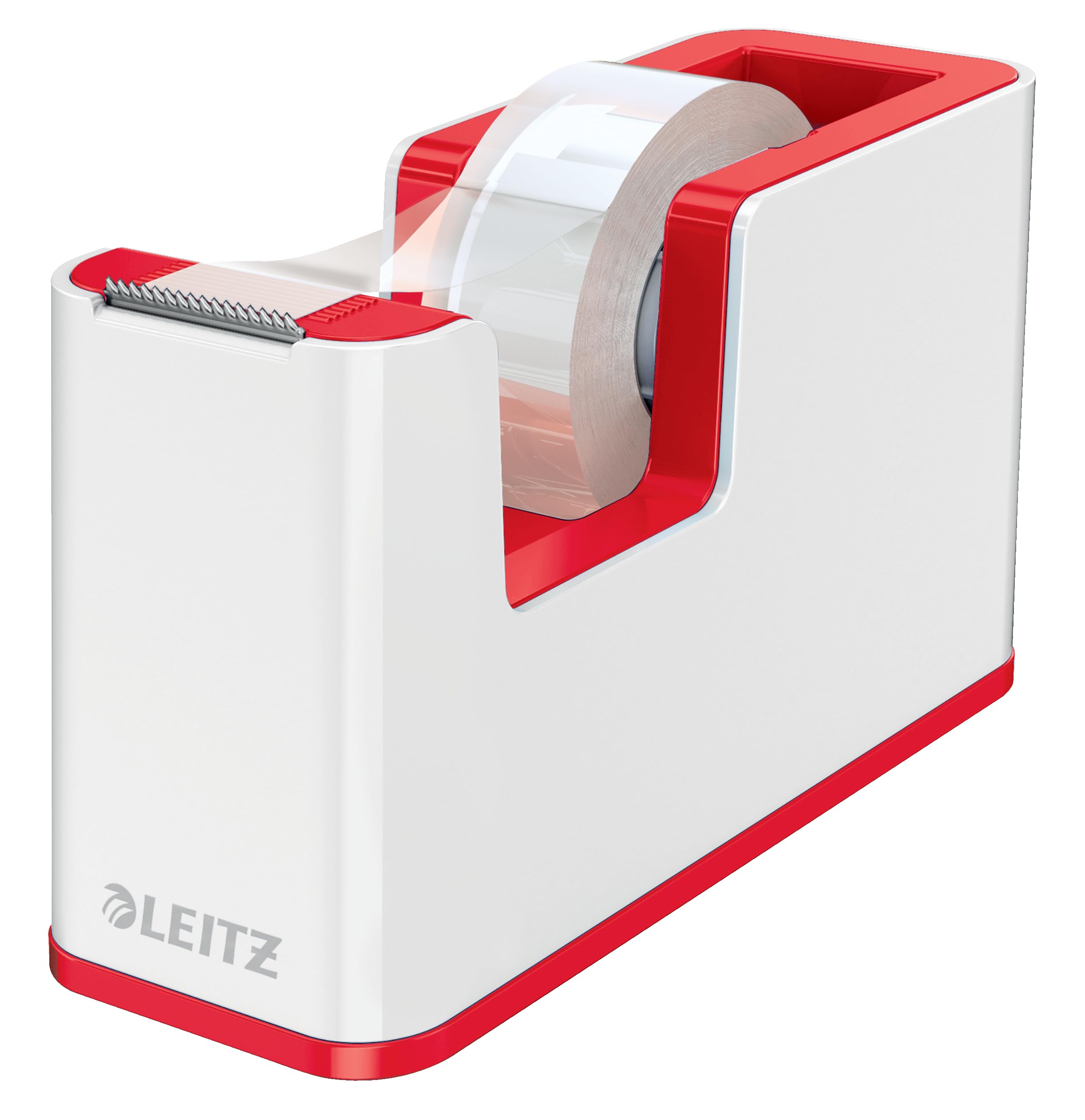 Leitz Wow Tape Dispenser, Heavy Base and Includes a Roll of Tape, Desk Sellotape Dispenser, White/Red, 53641026