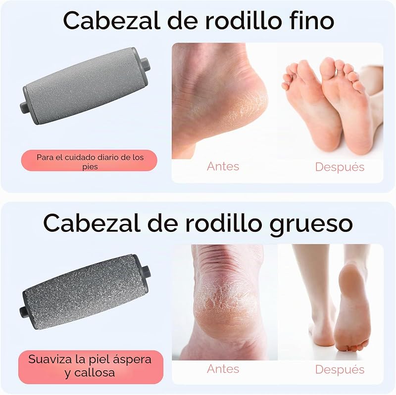 Lima eléctrica para pies, removedor de callos para pies, kit de pedicura recargable, cabezales de rodillo finos y gruesos, carga USB, tapa protectora (Rosa)