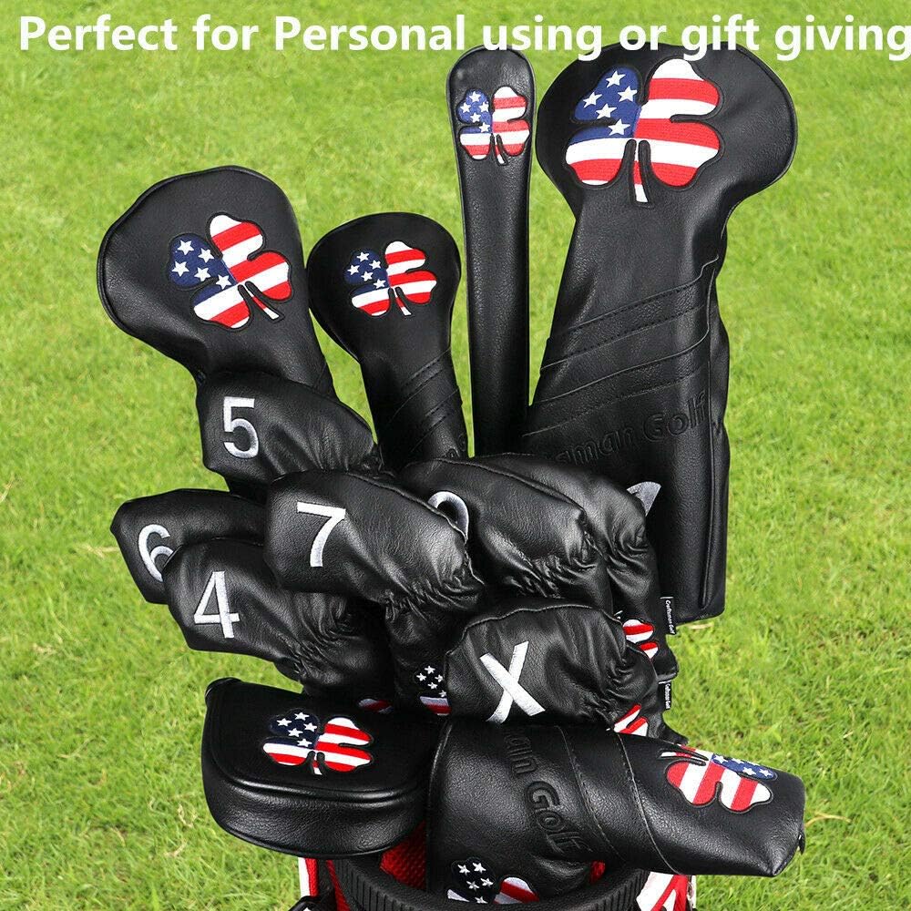 Craftsman Golf 11pcs /Set (4, 5, 6, 7, 8, 9, A, S, P, L, X) USA US Flag Clover Leather Black Iron Covers Headcover : Sports & Outdoors
