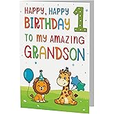 Tukora Cards Grandson 1st Birthday Card - Cute Jungle Animal Design - A5 size Premium Greeting Card UK