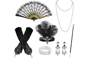 Naturezhen 1920s Flapper Accessories Set - Gatsby Pearl Necklace, Feathered Headband & Gloves for Vintage Theme Parties