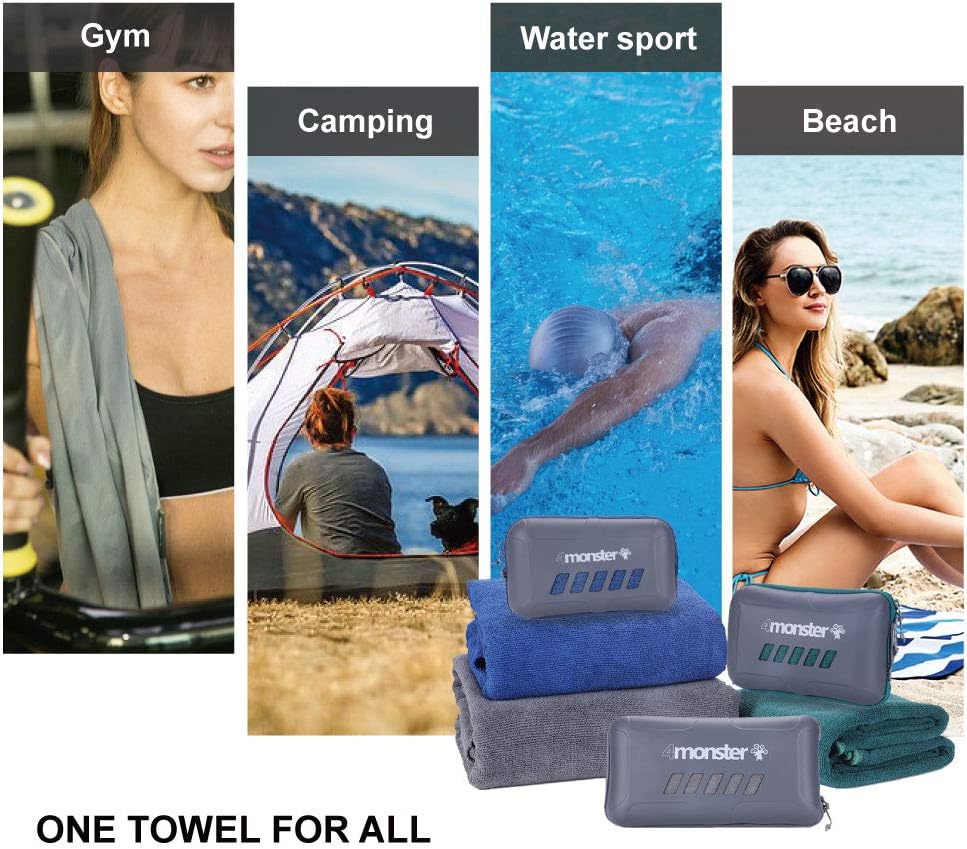 4Monster Microfiber Travel Towels Super Absorbent, Fast Drying Water Sport Camping Towel, Ultra Soft Compact Gym Towel for Beach Hiking Yoga Travel Sports Backpack and Boat : Home & Kitchen