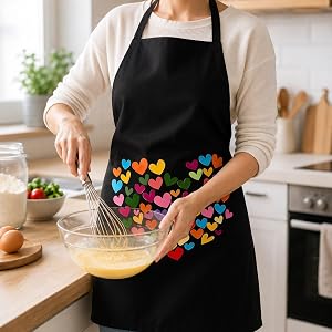 Heart Print Waterproof Kitchen Apron, Black Cooking & Cleaning Bib Apron with Adjustable Straps, Unisex Home Use