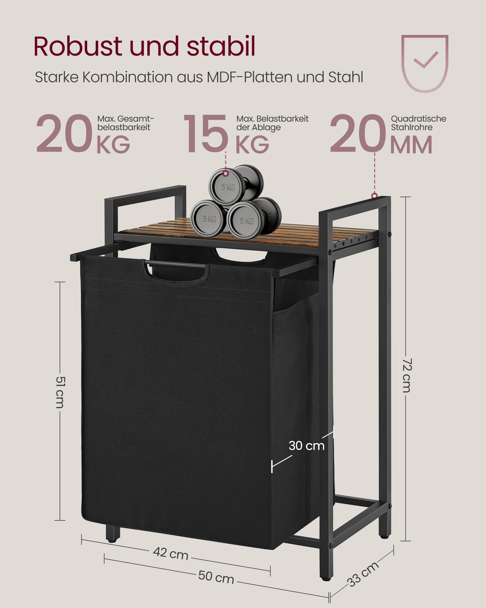 VASAGLE Wäschekorb, Wäschesammler mit Ablage, Wäschebox, Wäschesack aus Oxford-Gewebe abnehmbar, Metallrahmen, 65 L, 50 x 33 x 72 cm, tintenschwarz-vintagebraun BLH101B01 5