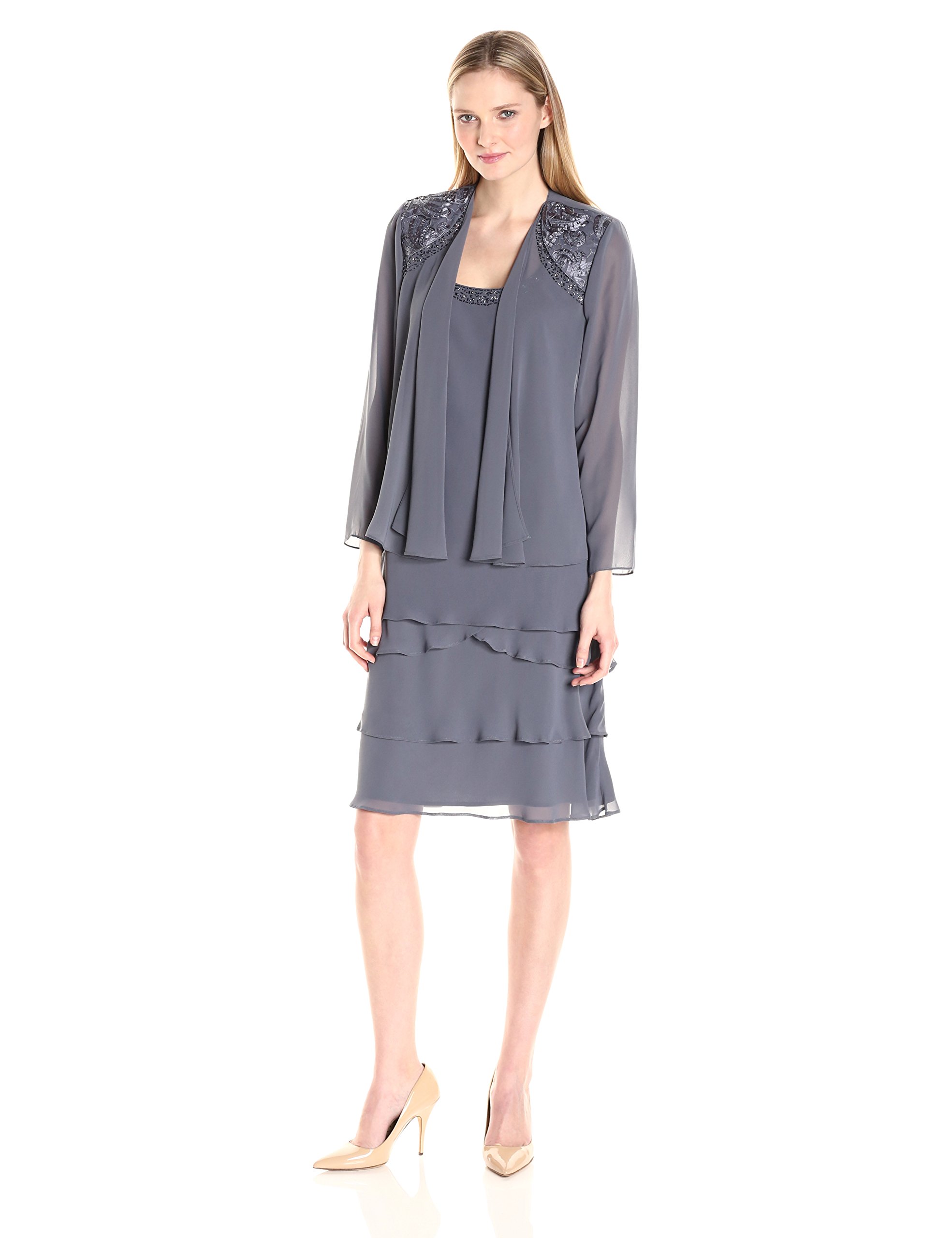 S.L. Fashions Women's Embellished Tiered Jacket Dress (Petite and Regular)