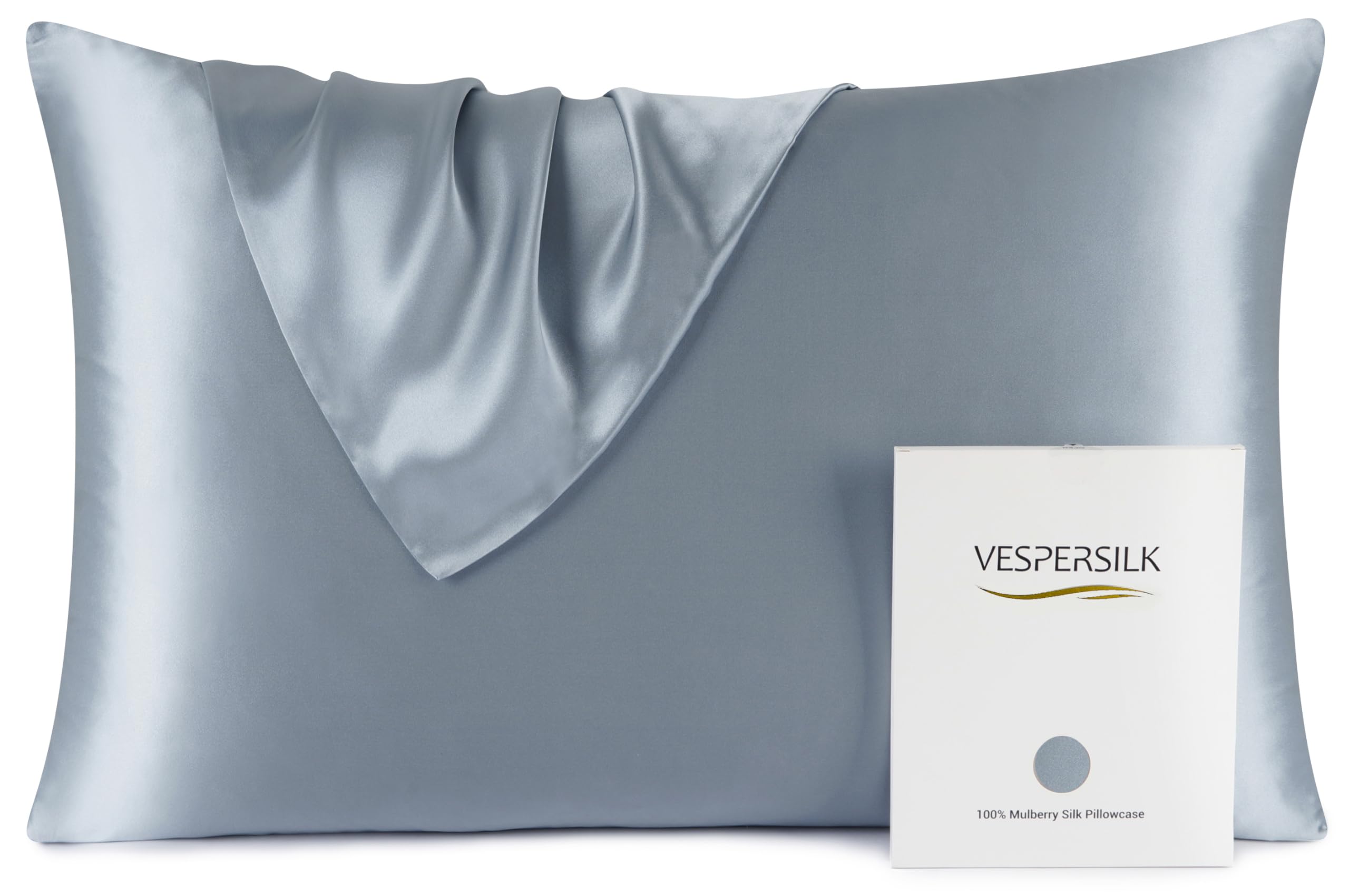 Vespersilk 100% Mulberry Silk Pillowcase for hair and skin, Real Premium 19 Momme, Grade 6A Silk on Both Sides, with Hidden Zipper, 1pc (Standard 50x75cm, Blue Haze)