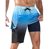 SILKWORLD Mens Swim Trunks with Compression Liner Quick-Dry 10" Stretch Beach Shorts