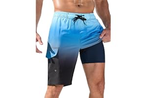 SILKWORLD Mens Swim Trunks with Compression Liner Quick-Dry 10" Stretch Beach Shorts