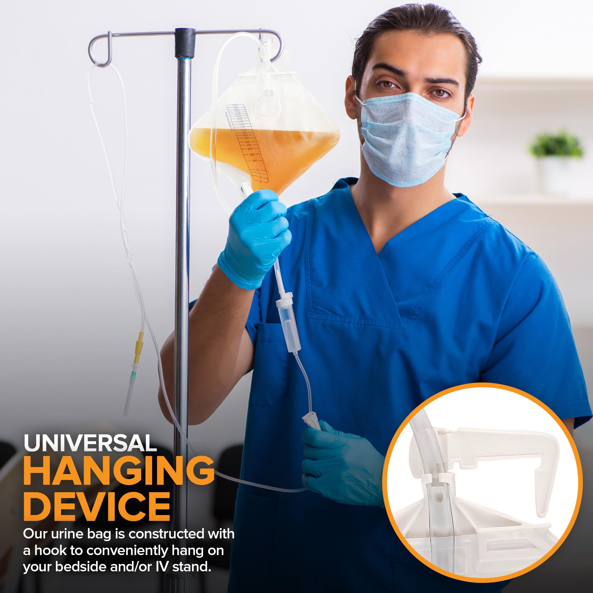 RUSCH Urine Drainage Bag with 18” Extended Tube (5 Pack) - Urine Bag with Anti-Reflux Chamber with Splash-Resistant Drain Spout - 2000 mL Vinyl Urine Bags for Men - 40