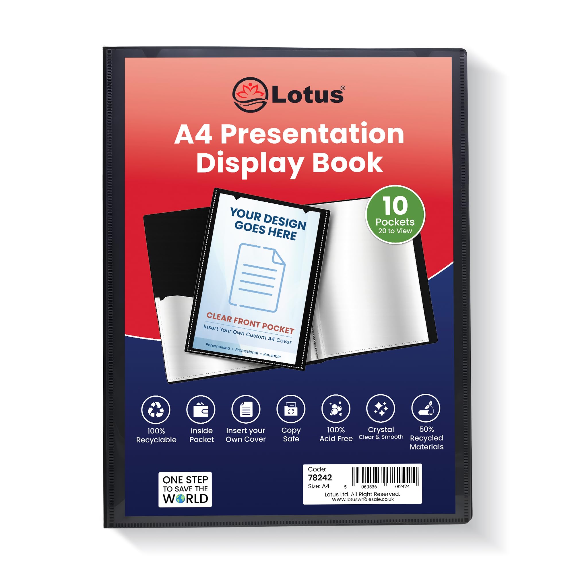 Lotus A4 Black Presentation Display Book - 10 Pocket Folder Folio for Professionals, Business, Students, Projects - Ideal for School, College, Office Organization & Document Storage - 78242 (1 Book)