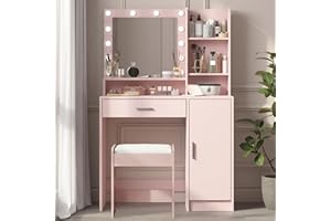 Palimder Vanity Desk with Mirror & Light, Large Drawer & Three Level Storage Dresser, 3 Lighting Modes Adjustable Brightness, Bedroom Dressing Table (Pink with Stool)