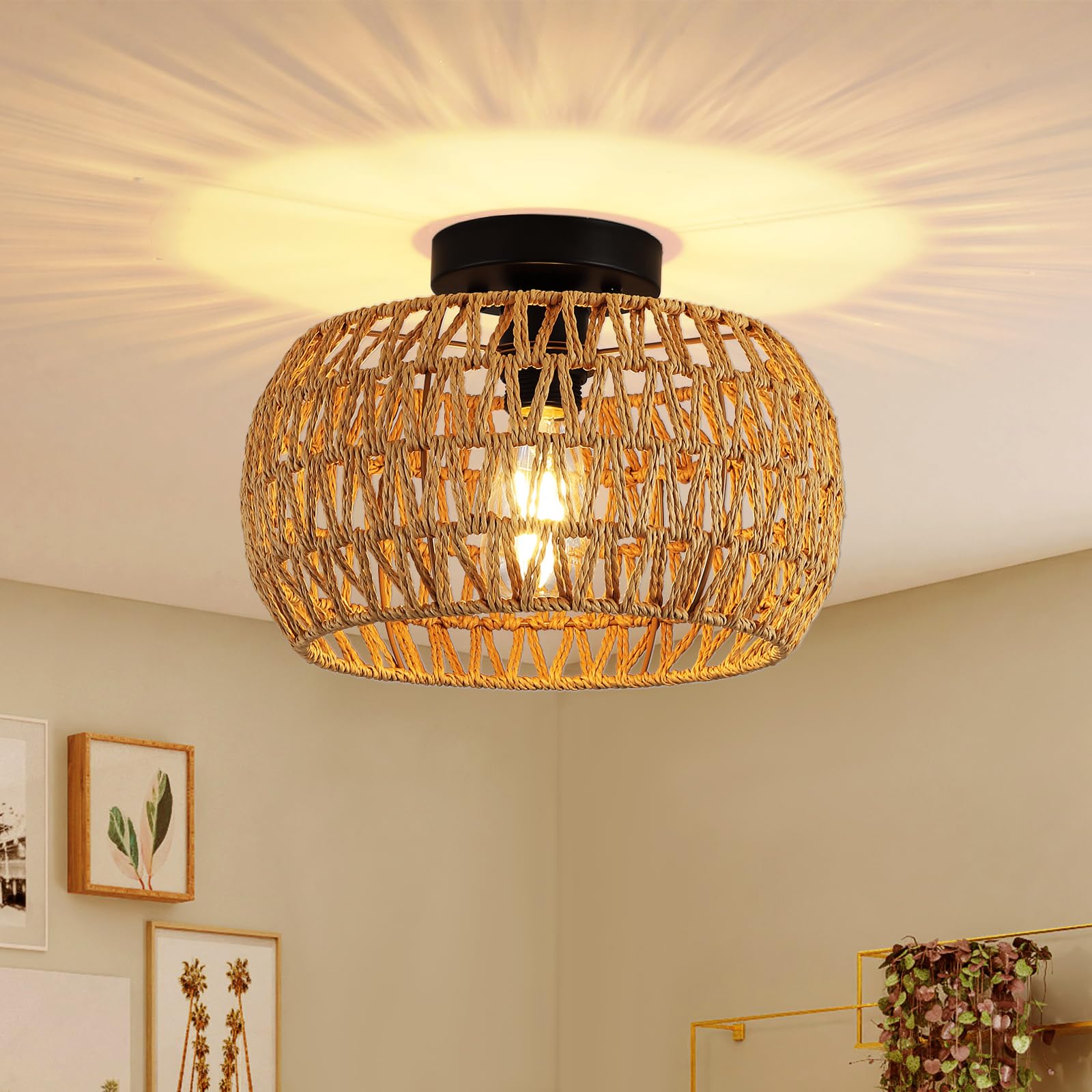 Photo 1 of 12" Boho Ceiling Light Fixture, Rattan Flush Mount Ceiling Light, Small Rustic Hand Woven Chandelier for Farmhouse Hallway Bedroom Kitchen Entryway Closet, E26 Socket
