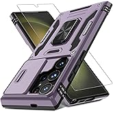 DEERLAMN Case for Samsung Galaxy S25 Ultra with Slide Camera Cover+Screen Protector (1 Pack), Rotated Ring Kickstand Military Grade Shockproof Protective Cover-Deep Purple