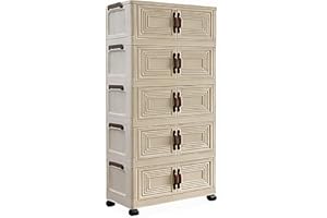 5-Tier Storage Cabinet with Doors & Wheels Stackable Folding Organizer, Space-Saving Vertical Storage Unit Bedroom, Living Ro