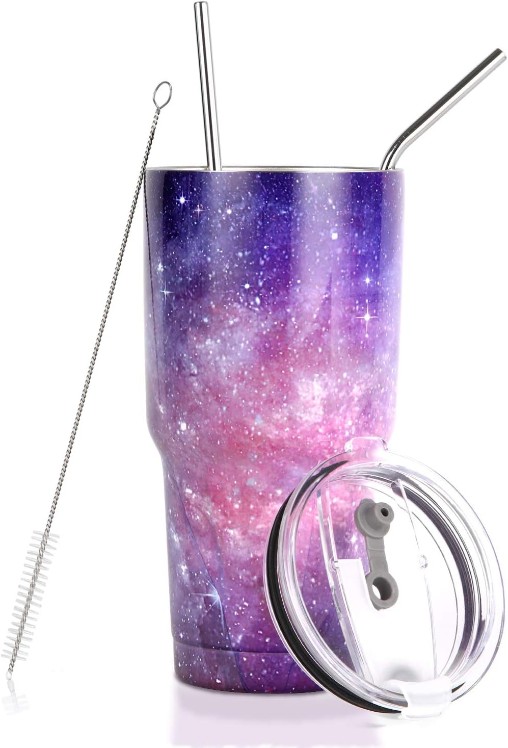 30 oz. Tumbler Double Wall Stainless Steel Vacuum Insulation Travel Mug with Crystal Clear Lid and Straw, Water Coffee Cup for Home,Office,School, Ice Drink, Hot Beverage,Starry Night Purple