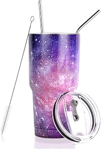 30 oz. Tumbler Double Wall Stainless Steel Vacuum Insulation Travel Mug with Crystal Clear Lid and Straw, Water Coffee Cup for Home,Office,School, Ice Drink, Hot Beverage,Starry Night Purple
