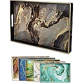 Leemxiiny Black Marbling Decorative Tray with Handles, Morden Plastic Rectangular Serving Tray for Coffee Table Bathroom, Ottoman, Home Decor, 15.7"* 10.2"* 1.38"