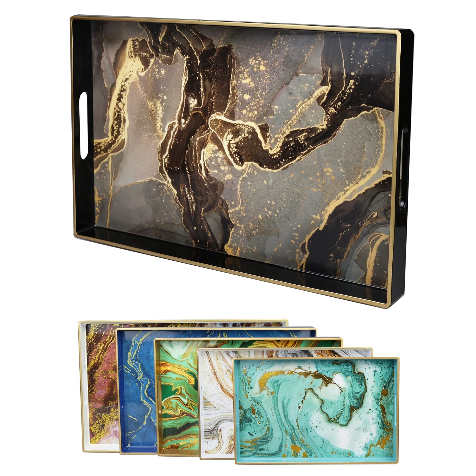 Photo 1 of Leemxiiny Black Marbling Decorative Tray with Handles, Morden Plastic Rectangular Serving Tray for Coffee Table Bathroom, Ottoman, Home Decor, 15.7"* 10.2"* 1.38"