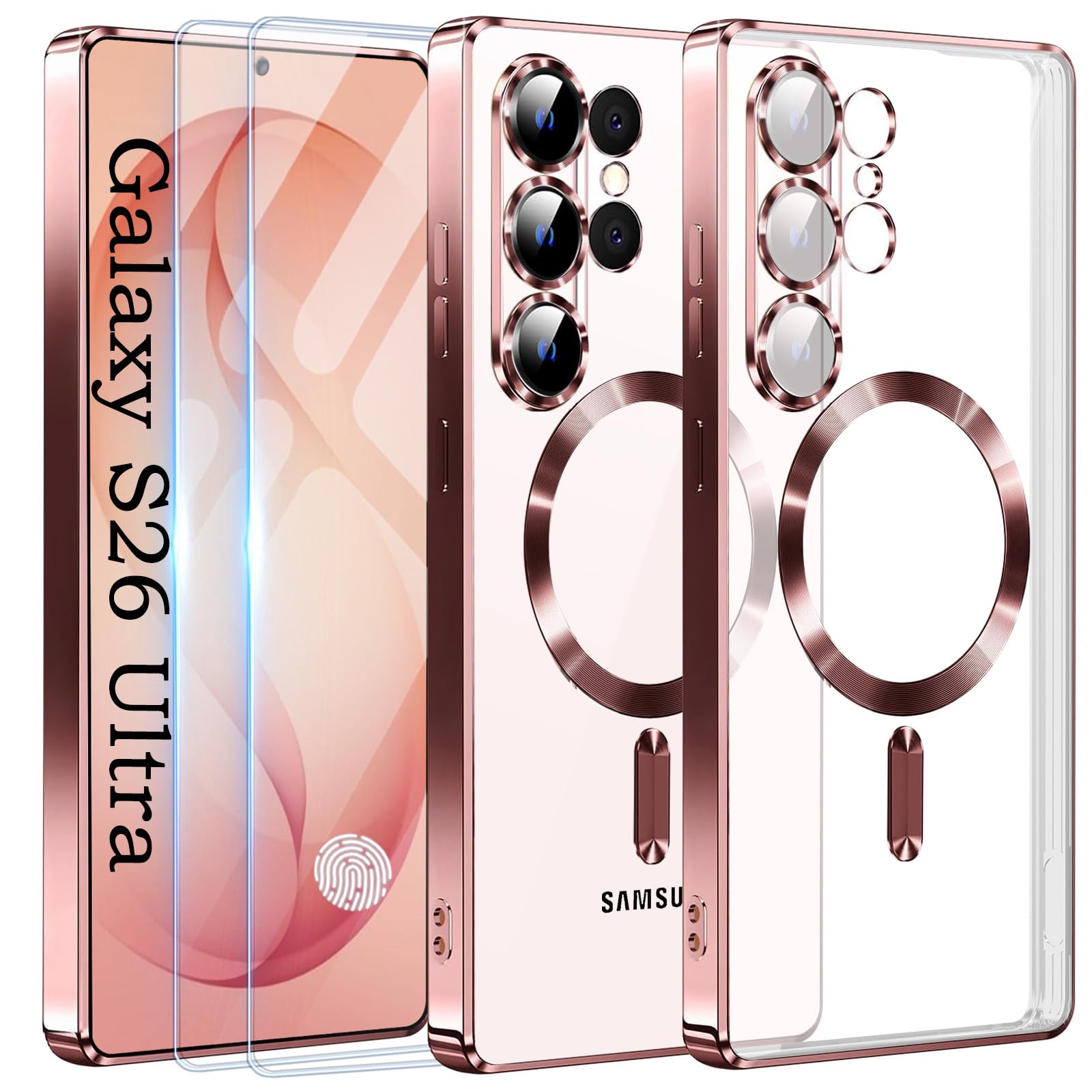 Deekeewe Official Titanium Case for Samsung Galaxy S26 Ultra with 2 Screen Protector,[Compatible with MagSafe][Full Camera Cover] Metallic Glossy Slim Luxury Phone Case for Galaxy S 26 Ultra,Pink