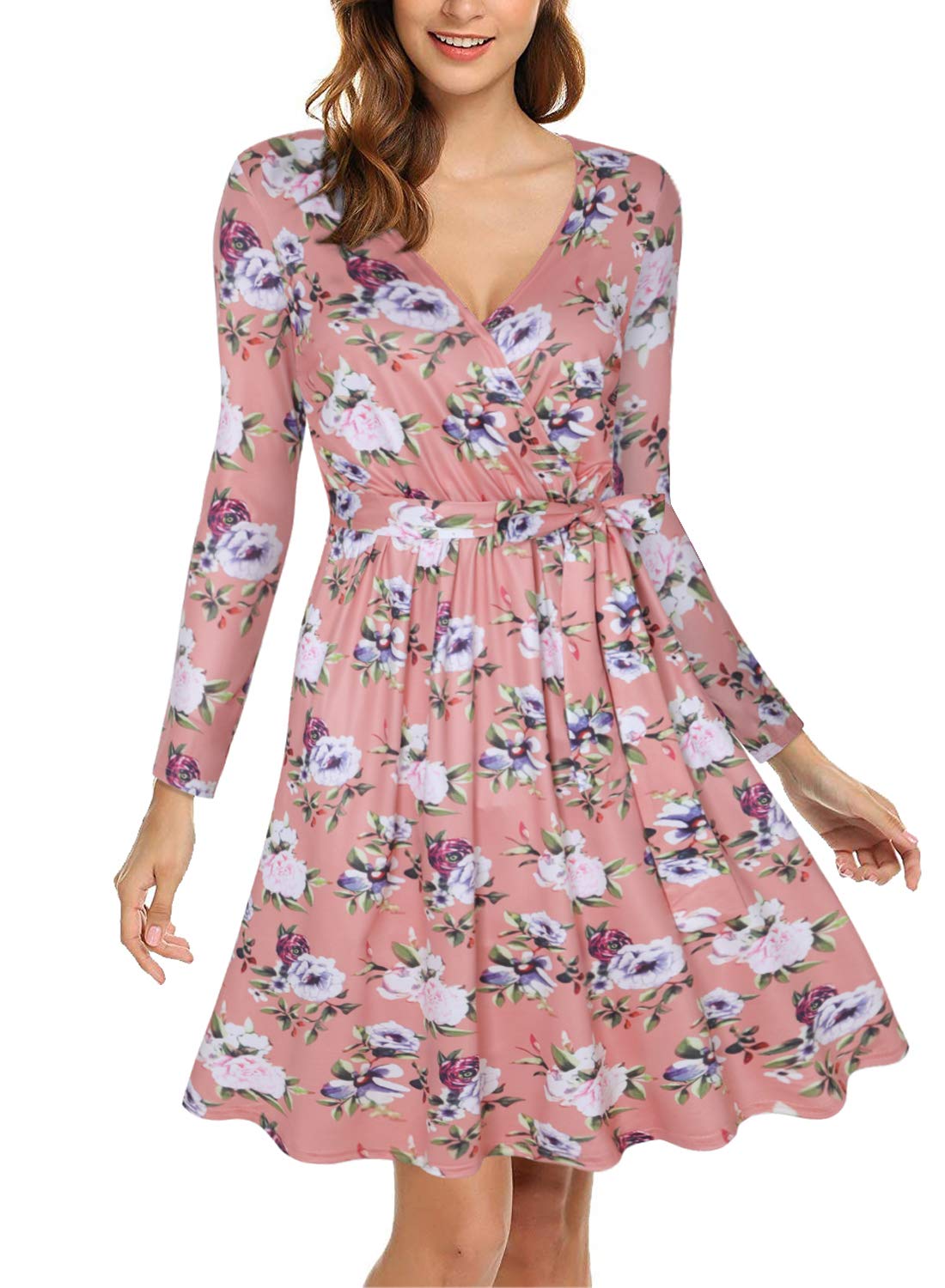 IHOT Women's V Neck Printed Long Sleeve Unique Cross Wrap Casual Flared