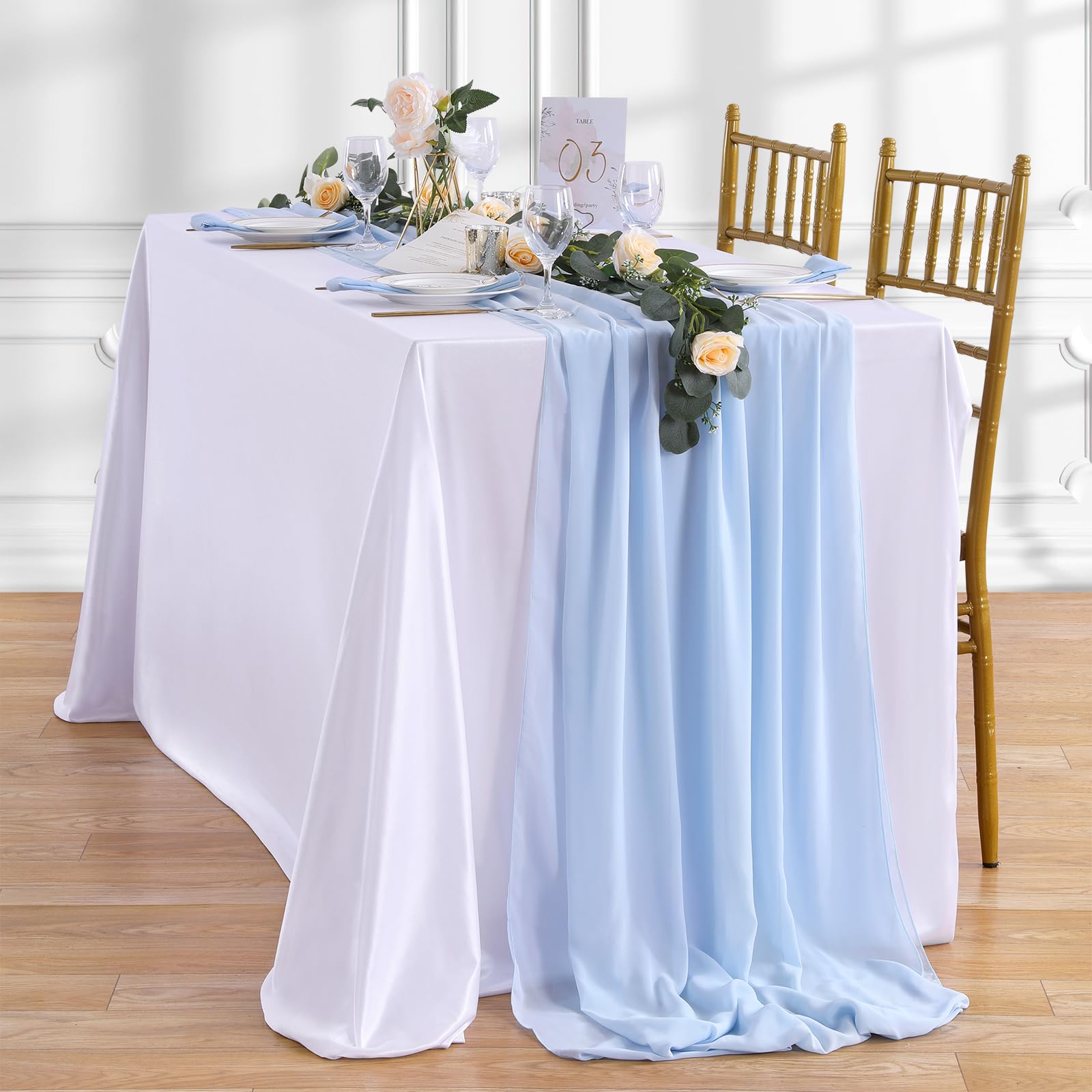 Blue Chiffon Table Runner 10Ft Long 27x120 Inches Romantic Wedding Linens Sheer Bridal Party Table Decorations