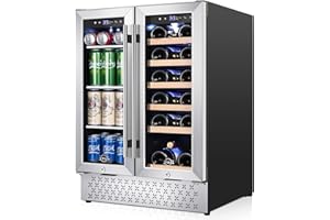 Tylza Wine and Beverage Refrigerator 24 Inch Dual Zone, French Door Wine and Beverage Cooler 24'' Built-In or Freestanding Drink Fridge, Under Counter Beer Refrigerator