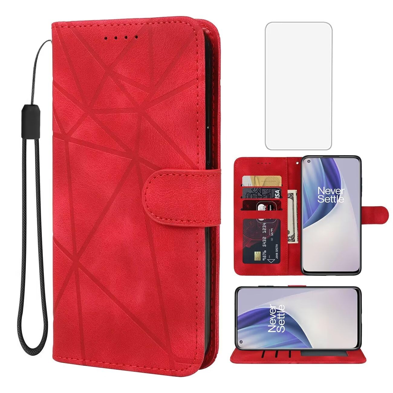 Wanyuexes Case for Oneplus Nord N20 5G/Reno 8 Lite 5G/Reno 7Z 5G/Reno 7 Lite 5G Wallet Case with Tempered Glass Screen Protector, Leather Flip Credit Card Holder Stand Cover for Oneplus Nord N20 Red